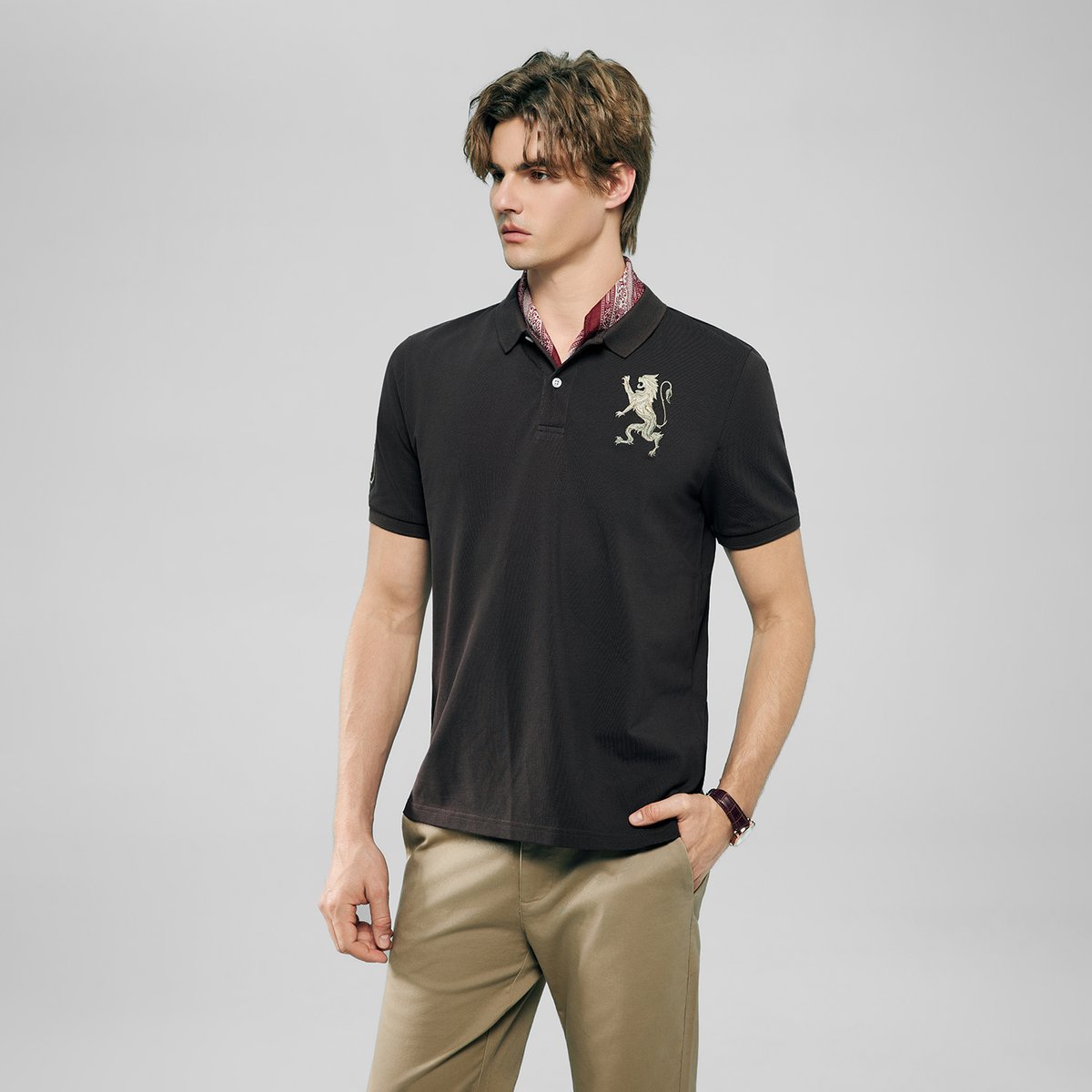 Men’s Slim Fit 3D Lion Embroidery Lycra Pique Polo - Giordano Online