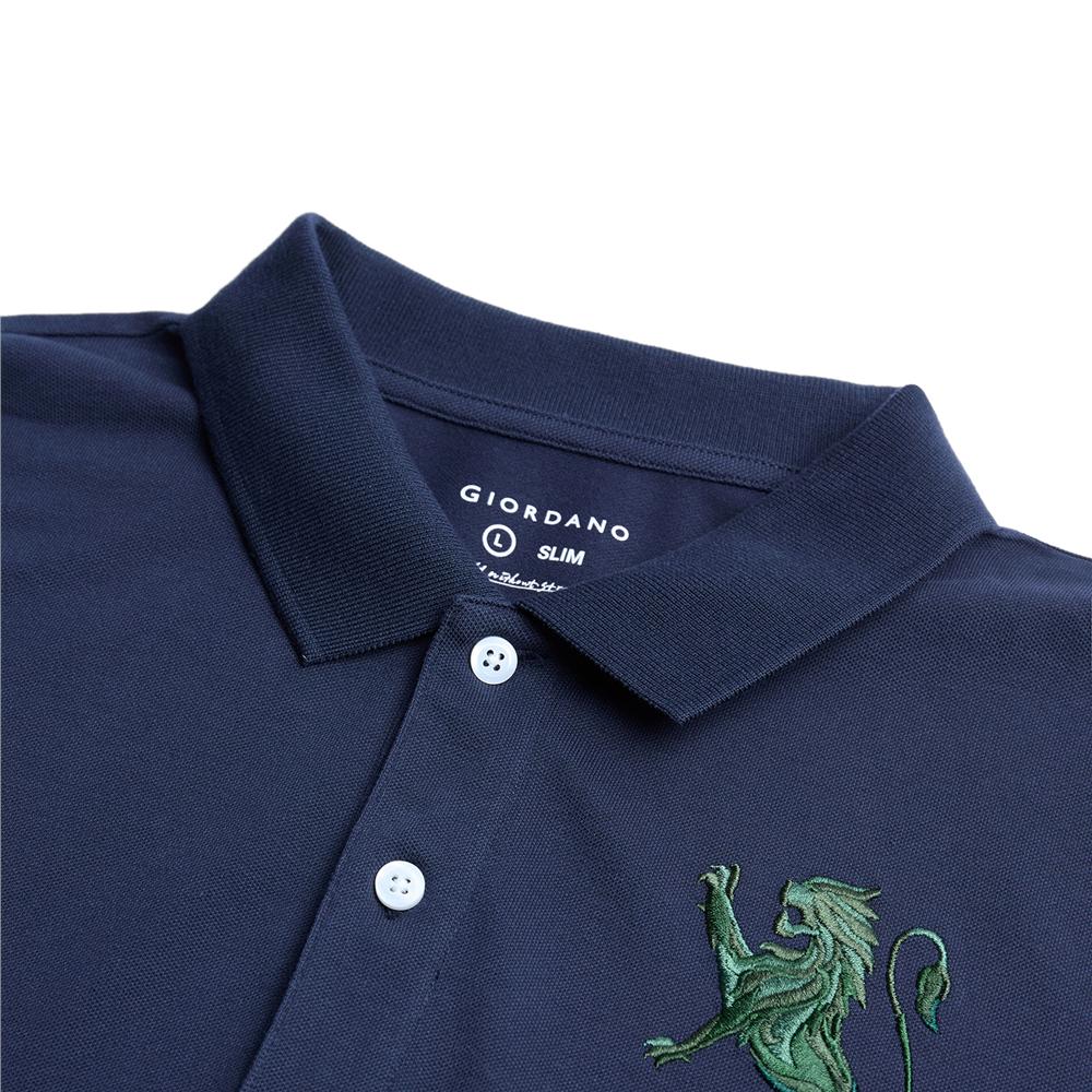Men’s Slim Fit 3D Lion Embroidery Lycra Pique Polo - Giordano Online