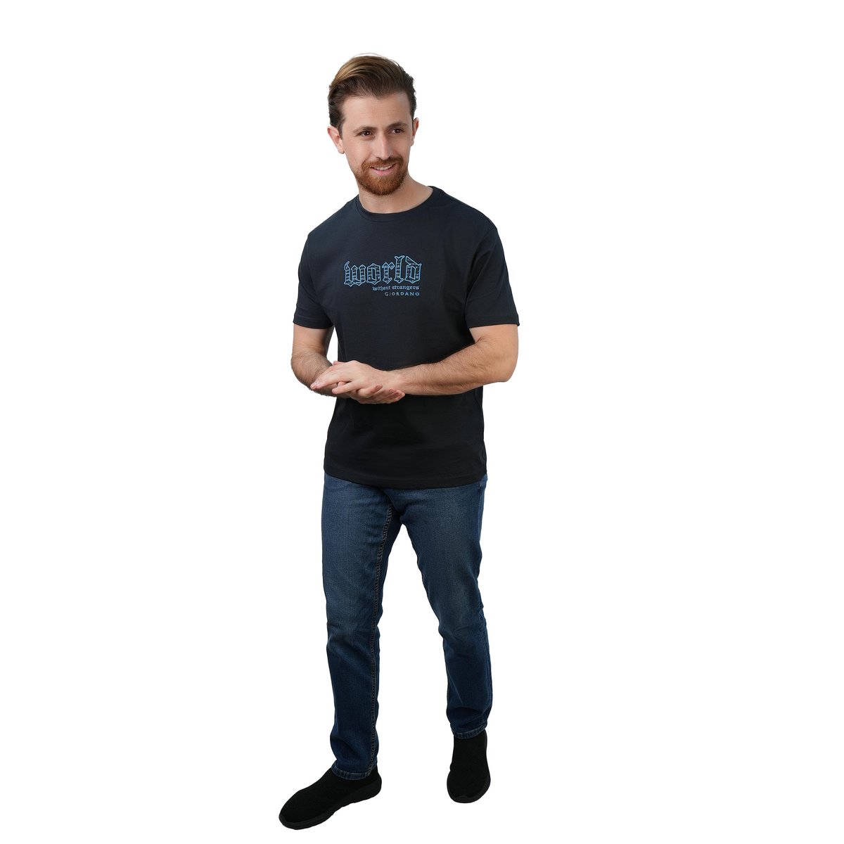 Men's Slim Fit Cotton Jersey Crew Neck Print Tee | WWS Graphic - Blue - Giordano Online