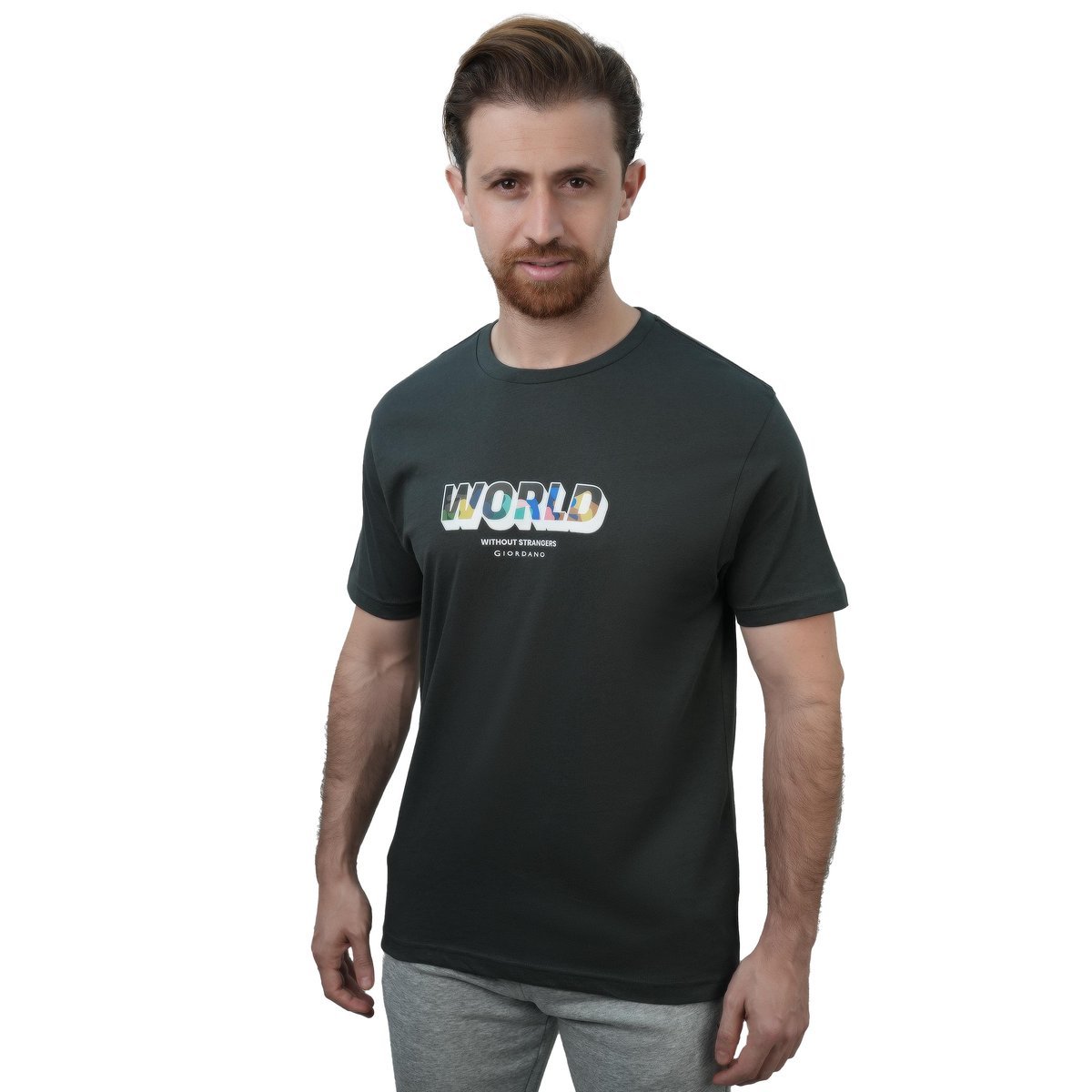 Men's Slim Fit Cotton Jersey Crew Neck Print Tee | WWS Graphic - Green - Giordano Online