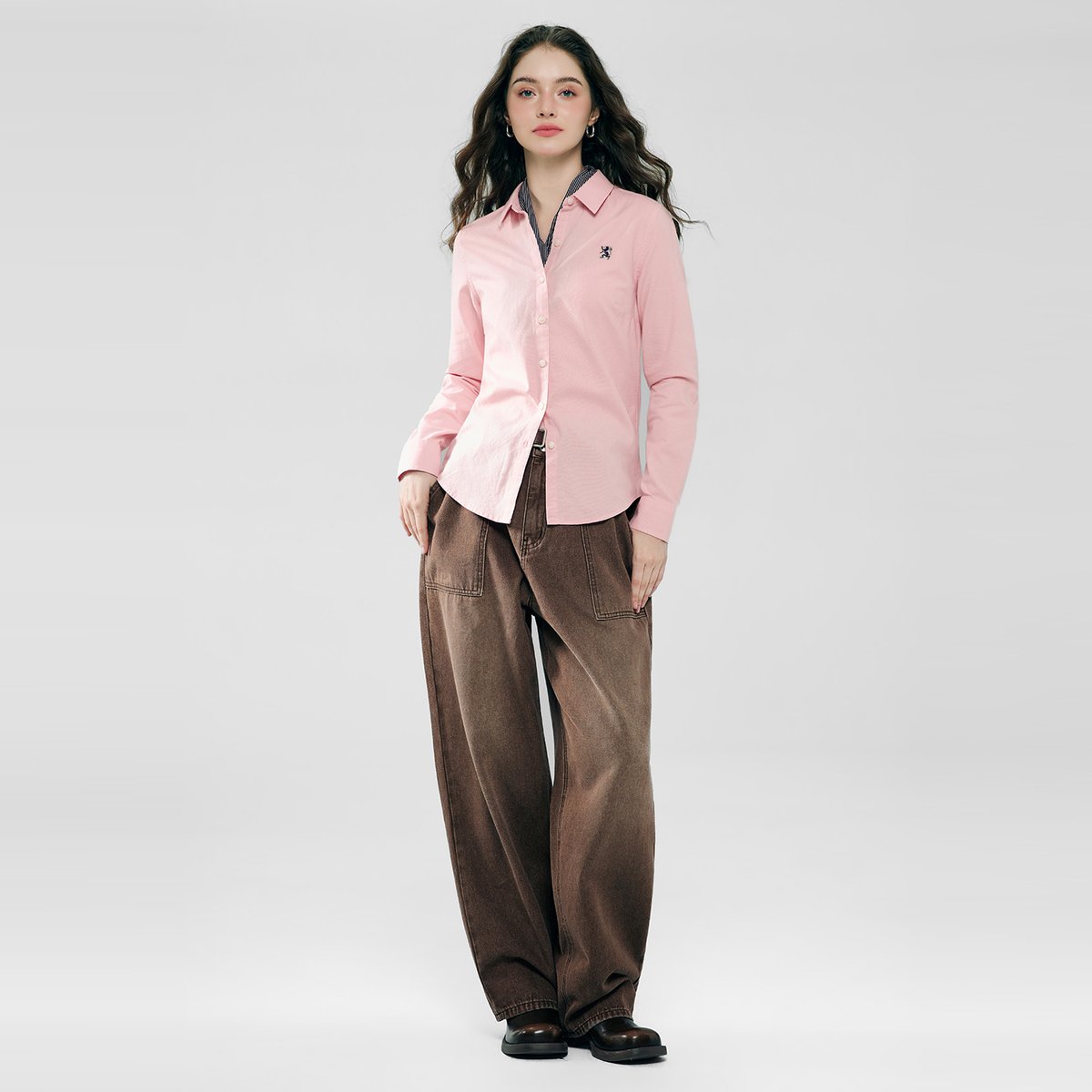 Women's Oxford Long Sleeve Embroidery Shirt - Giordano Online